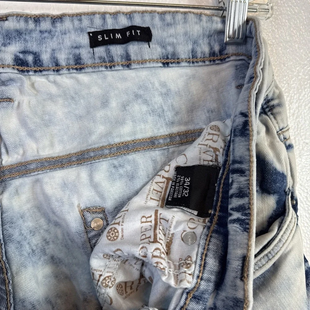 Copper Rivet Jeans Mens 34x32 Blue Paint Splatter Distressed Slim Fit Stone Wash - Picture 11 of 12